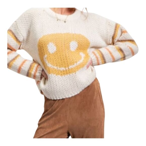 Smiley Face Sweater Yellow Striped Loose Knit Pullover Small by Easel NWT Cream - Picture 2 of 16